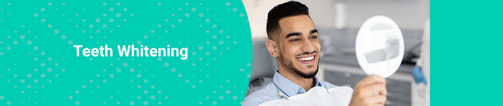 Man checking his whiter smile in a hand mirror